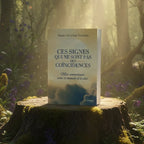Livre Ces Signes qui ne sont pas des Coïncidences de Marie-Séverine Trouban posé sur une souche d'arbre en forêt, baigné d'une lumière divine et entouré de fleurs violettes.