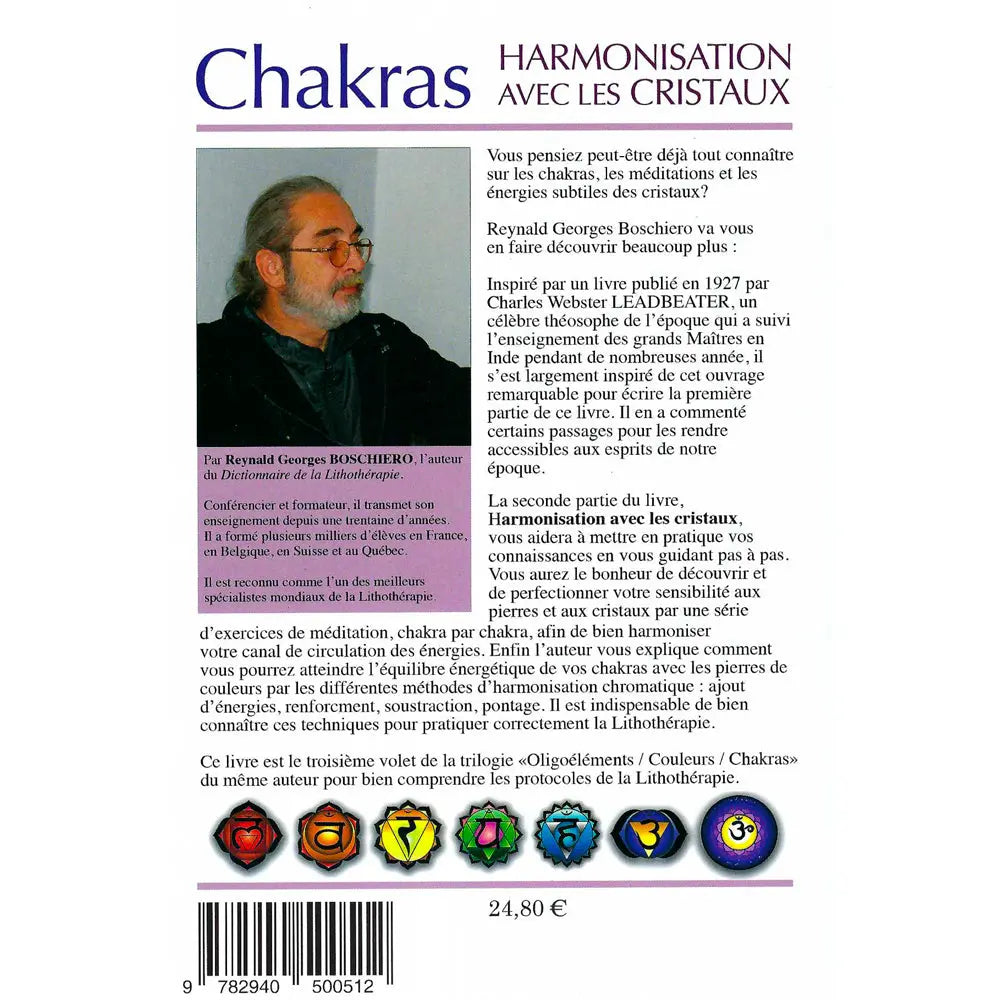 Dos du livre Chakras : photo de R.G. Boschiero, résumé détaillé, symboles des 7 chakras et prix 24,80€.