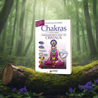 Livre Chakras - Harmonisation avec les Cristaux de Reynald Georges Boschiero posé sur une souche moussue, illustré d'une femme en méditation avec les sept chakras alignés et des pierres de couleurs.