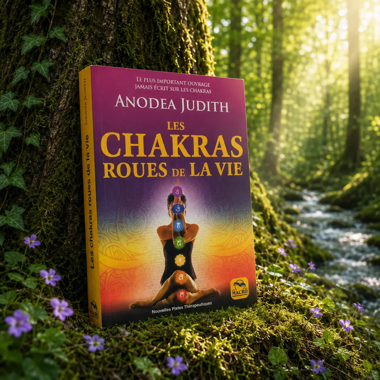 Livre Les Chakras, Roues de la Vie sur mousse sacrée au pied d'un arbre, entouré de fleurs violettes sous des rayons de soleil magiques.