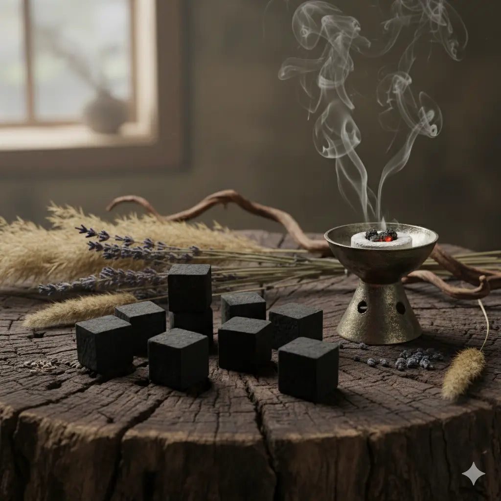 Charbons d’encens carrés noirs sur table en bois, avec brûle-encens en métal et charbon allumé fumant.