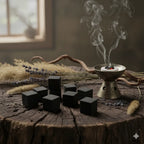 Charbons d’encens carrés noirs sur table en bois, avec brûle-encens en métal et charbon allumé fumant.