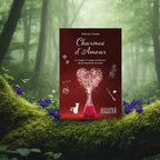 Livre rouge Charmes d'Amour d'Athénos Orphée posé sur une souche moussue, illustré d'une fiole alchimique d'où s'échappe un cœur de fumée rose.
