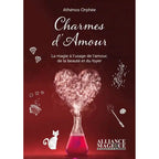 Couverture du livre Charmes d’Amour d'Athénos Orphée : fiole rose dégageant une fumée en forme de cœur sur fond rouge.