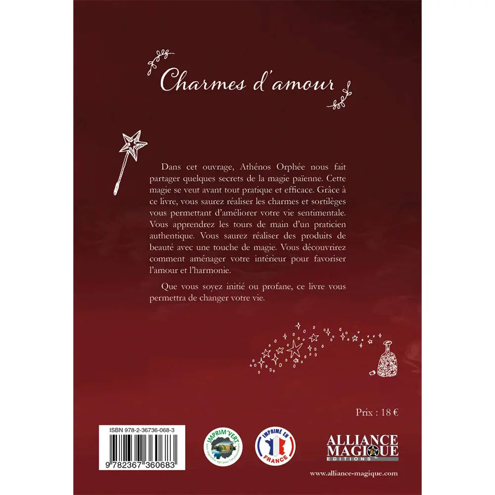 Quatrième de couverture du livre magies d'amour : résumé sur fond rouge, code-barres, logos Alliance Magique et prix 18€.