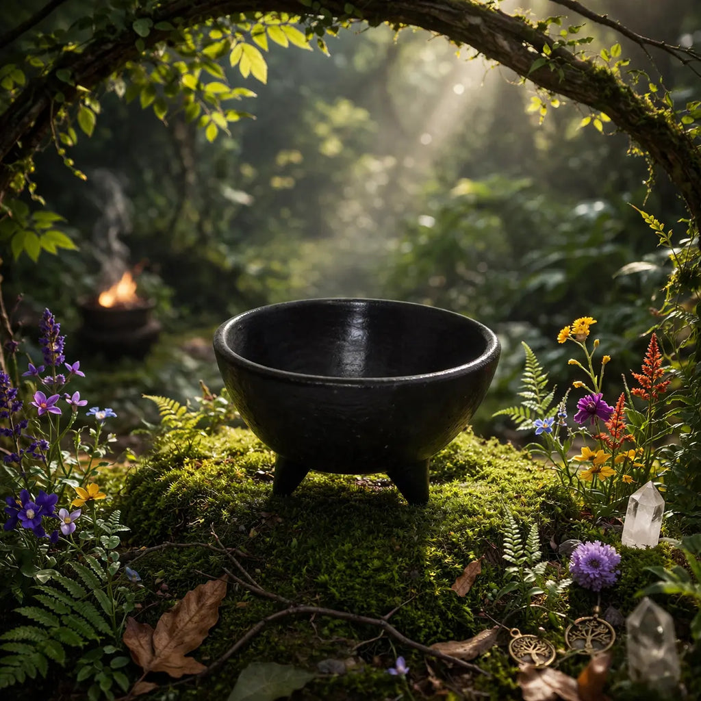 Petit bol chaudron en céramique noire à trois pieds, posé sur un tapis de mousse forestière sous une arche de branches, entouré de cristaux et de fleurs sauvages.