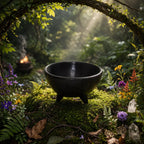Petit bol chaudron en céramique noire à trois pieds, posé sur un tapis de mousse forestière sous une arche de branches, entouré de cristaux et de fleurs sauvages.