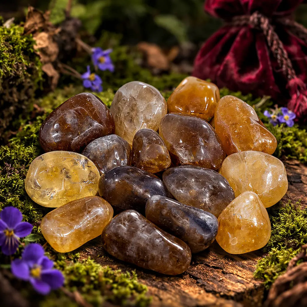 Groupe de pierres de citrine naturelle polies, aux nuances marron miel et jaune fumé translucide, disposées sur une écorce moussue avec un pochon bordeaux.