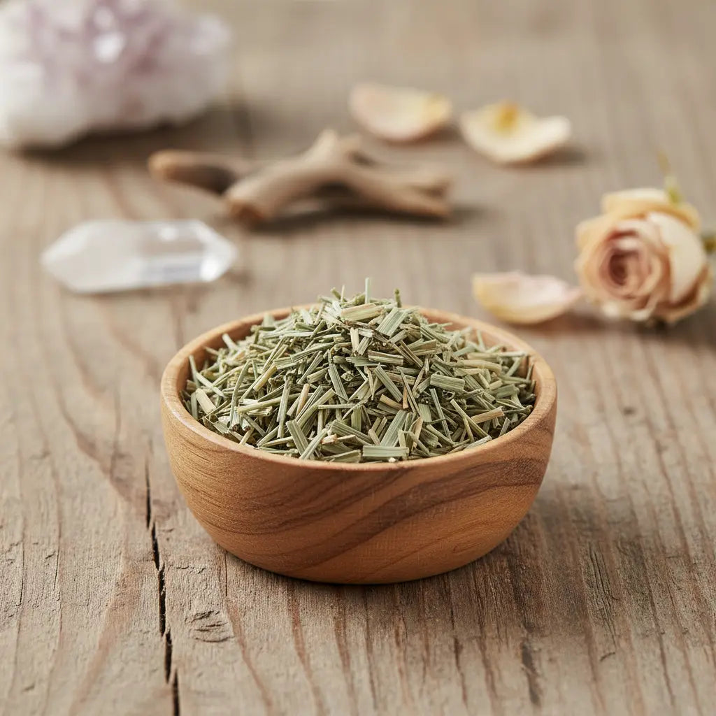 Coupelle en bois remplie de brins de citronnelle séchée vert pâle sur table en bois décorée de cristaux et rose séchée.