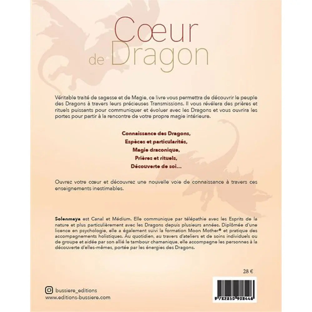 Quatrième de couverture du livre Coeur de Dragon, présentant le résumé, des thèmes clés, une biographie de Solenmaya, le prix, le code-barres et les contacts des Éditions Bussière.