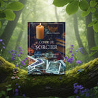 Livre Coeur de Sorcier de Patrick Guérin posé sur une grosse branche moussue dans une forêt verdoyante, entouré de petites fleurs violettes.