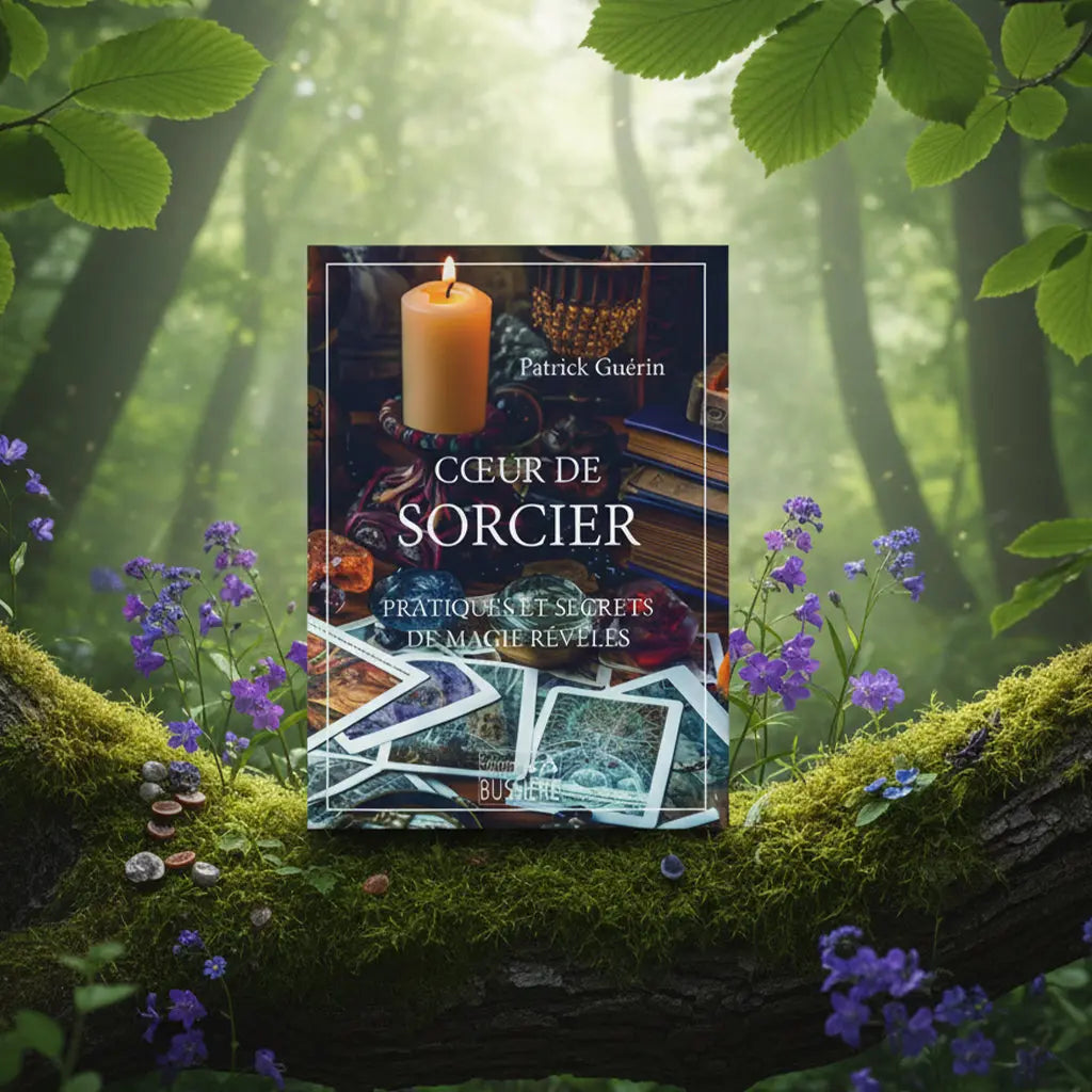 Livre Coeur de Sorcier de Patrick Guérin posé sur une grosse branche moussue dans une forêt verdoyante, entouré de petites fleurs violettes.