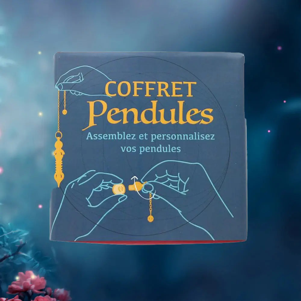 Couverture du « Coffret Pendules », invitant l'utilisateur à assembler et personnaliser ses propres instruments de radiesthésie, illustrée par des schémas montrant le montage manuel des différents composants.