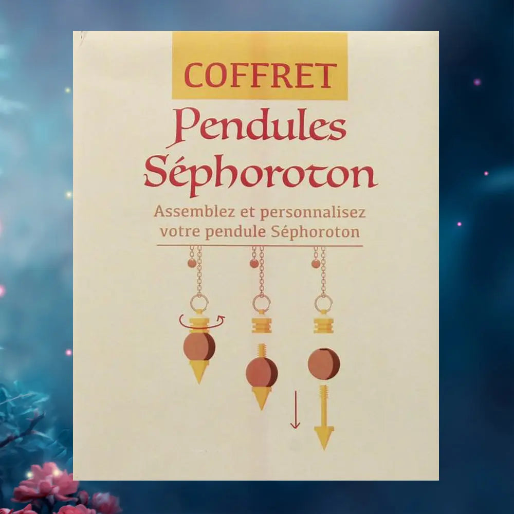 Couverture du « Coffret Pendules Séphoroton », invitant l'utilisateur à assembler et personnaliser son instrument, illustrée par des schémas techniques montrant comment visser la pointe et insérer les sphères interchangeables sur l'armature.