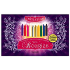 Le Coffret des Pouvoirs Magiques des Bougies, illustré par une boîte violette montrant 10 bougies colorées alignées au centre parmi des arabesques.