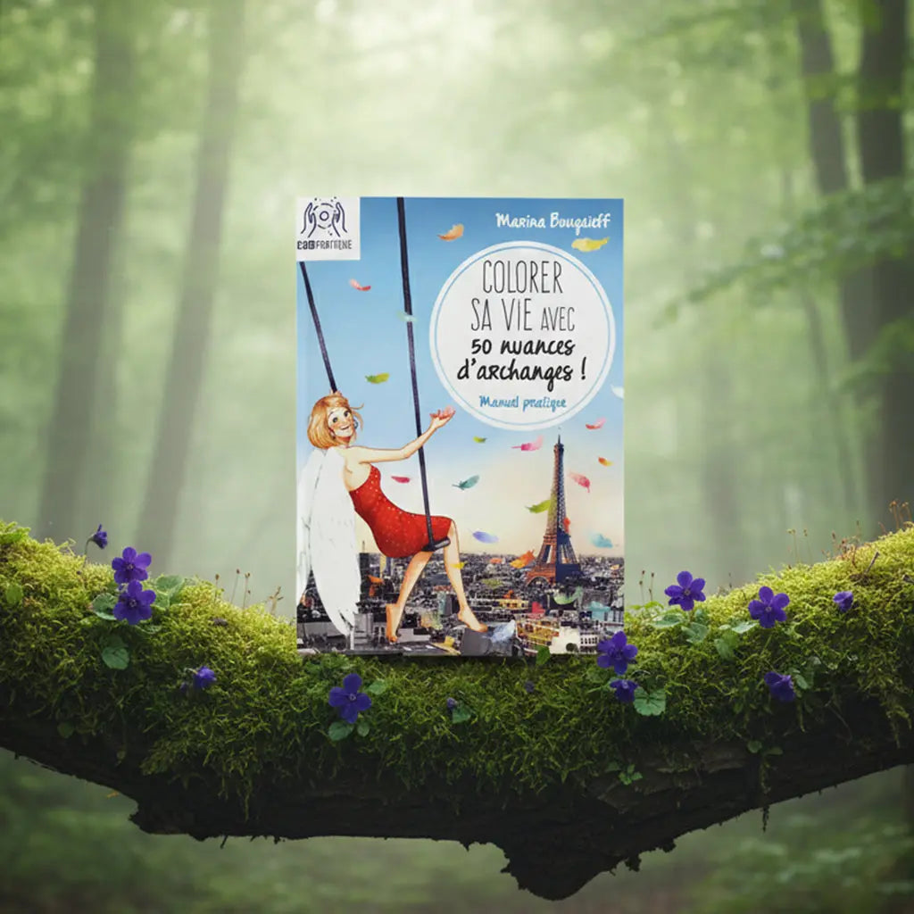 Livre Colorer sa Vie avec 50 nuances d'Archanges ! de Marina Bougaïeff posé sur une branche moussue, illustré d'une femme ailée sur une balançoire au-dessus de Paris.