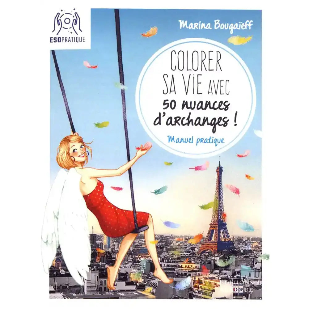 Illustration : femme ailée sur une balançoire au-dessus de Paris avec la Tour Eiffel et des plumes colorées.