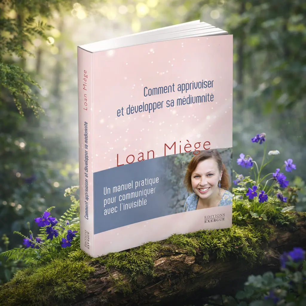 Livre rose et gris Comment Apprivoiser et Développer sa Médiumnité de Loan Miège posé sur une branche moussue, illustré de poussière d'étoiles et du portrait de l'auteure.