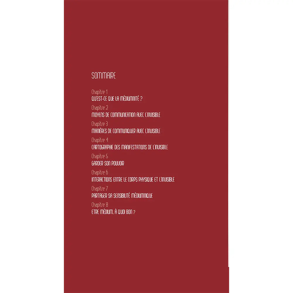 Sommaire du livre sur la médiumnité : liste des 8 chapitres sur fond bordeaux avec une typographie stylisée.