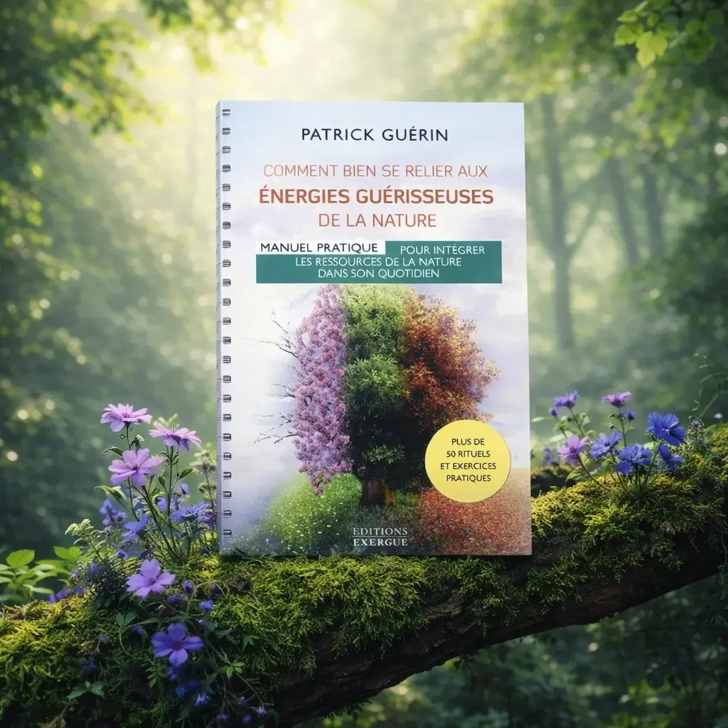 Livre à spirales Comment bien se Relier aux Energies Guérisseuses de la Nature de Patrick Guérin posé sur une branche moussue, illustré d'un arbre aux feuillages des quatre saisons.