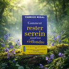 Livre bleu Comment Rester Serein Quand Tout s'Effondre de Fabrice Midal posé sur une souche moussue, avec un bandeau jaune citant les magazines Elle et Psychologies.