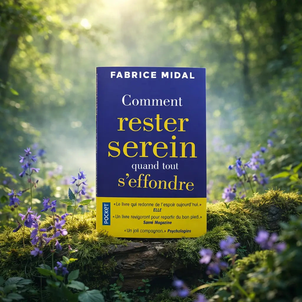 Livre bleu Comment Rester Serein Quand Tout s'Effondre de Fabrice Midal posé sur une souche moussue, avec un bandeau jaune citant les magazines Elle et Psychologies.