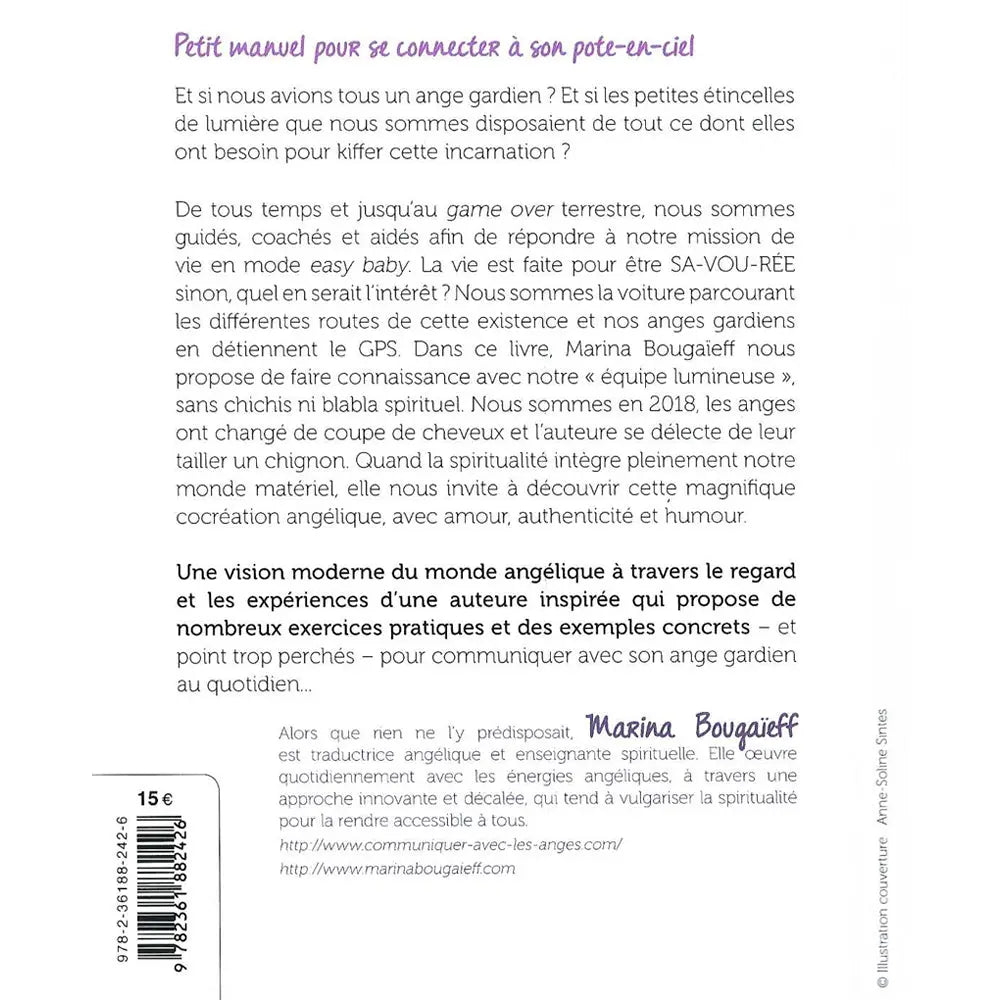 Quatrième de couverture du livre anges gardiens : résumé sur fond blanc, code-barres, prix 15€ et biographie de l'auteure.