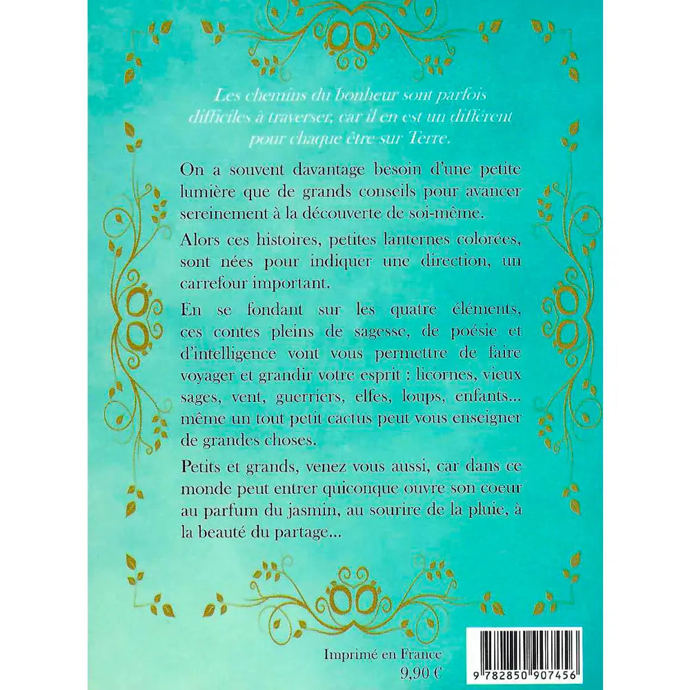 Dos du livre de contes sagesse : résumé sur fond turquoise orné de feuilles dorées, prix 9,90€ et code-barres.