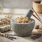Encens copal en grains clairs dans un mortier en pierre avec pilon, entouré de lavande, sauge et bâtons d’encens sur table en bois.
