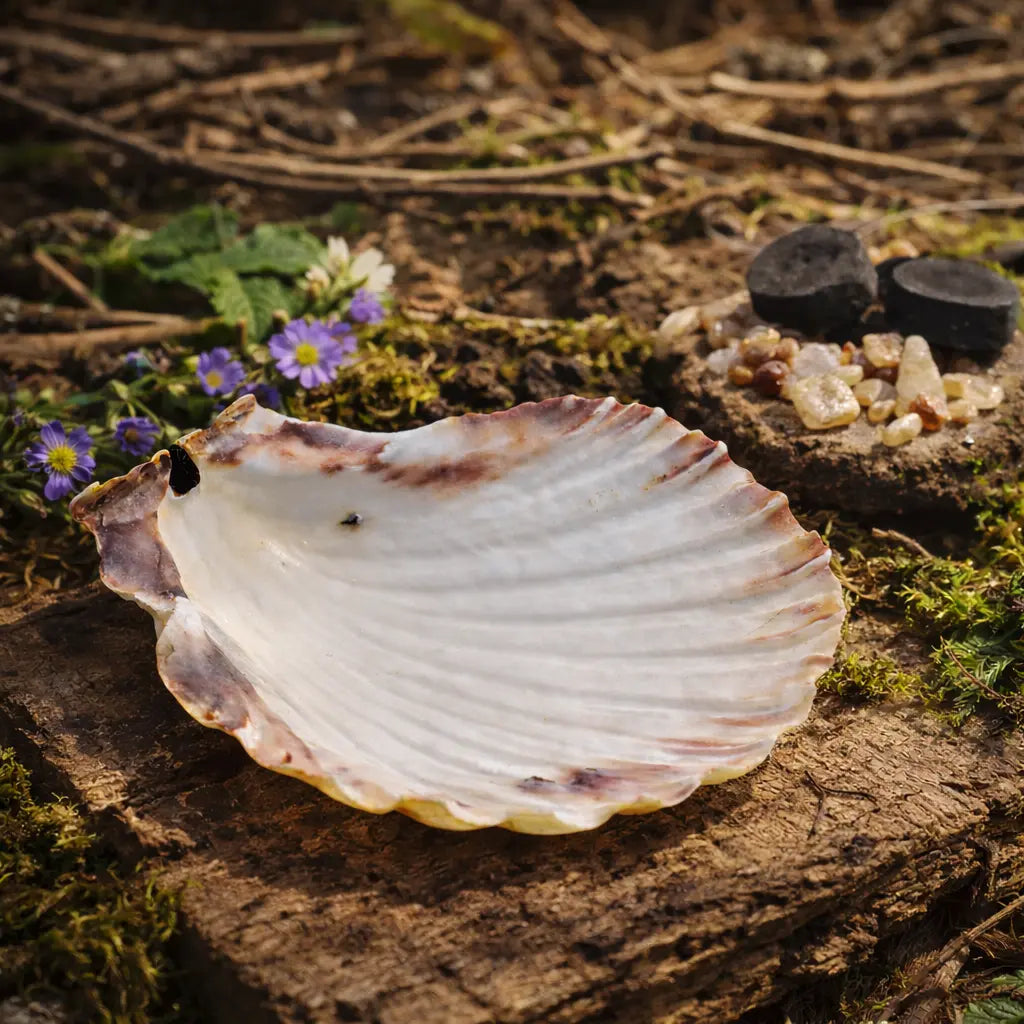 Véritable coquille Saint Jacques posée sur une écorce de bois dans la nature, à côté de charbons ardents et de résines d'encens, sous une lumière naturelle.
