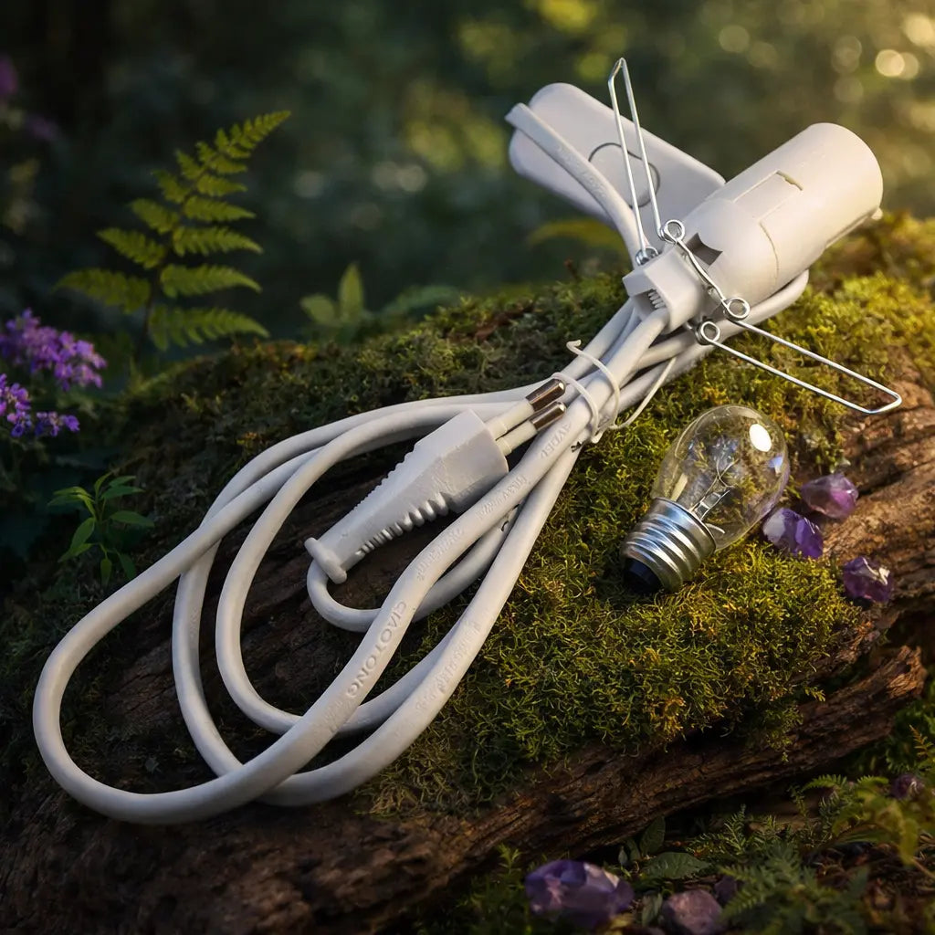Système Eclairage pour Lampe Sel de l'Himalaya ou Sélénite complet avec cordon blanc, ampoule et pinces de fixation, posé sur une écorce pour raviver votre décoration zen.