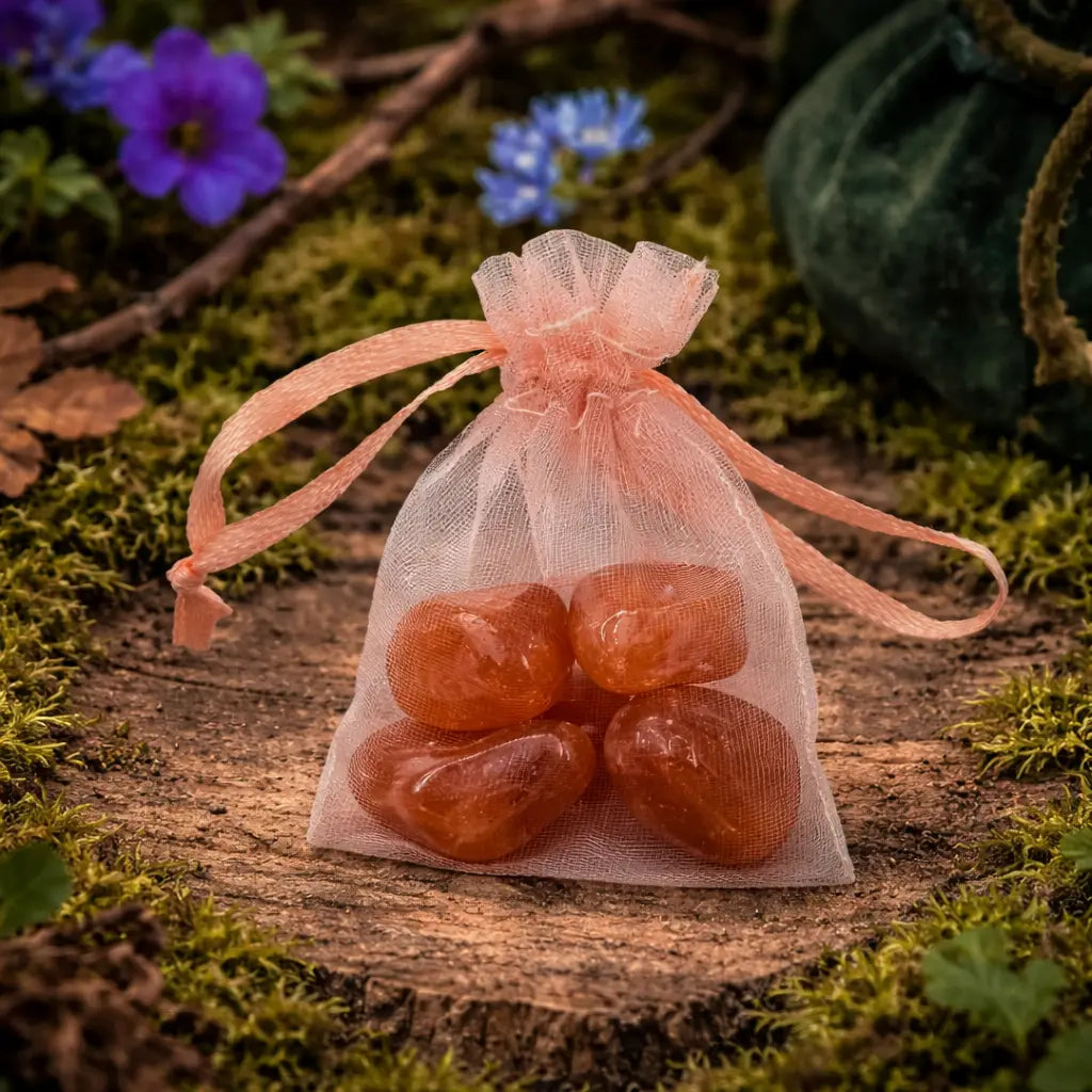 Petite pochette en organza pêche contenant plusieurs pierres de cornaline polies de taille XS, d'un orange chaud et brillant, posée sur une souche moussue.