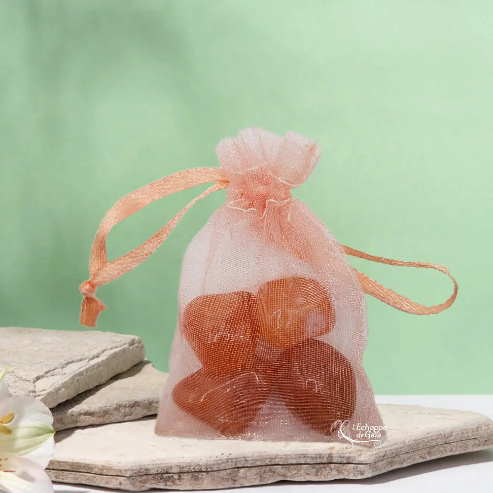 Un petit sac en organza pêche contenant des pierres de cornaline, posé sur une pierre plate naturelle devant un arrière-plan vert clair.