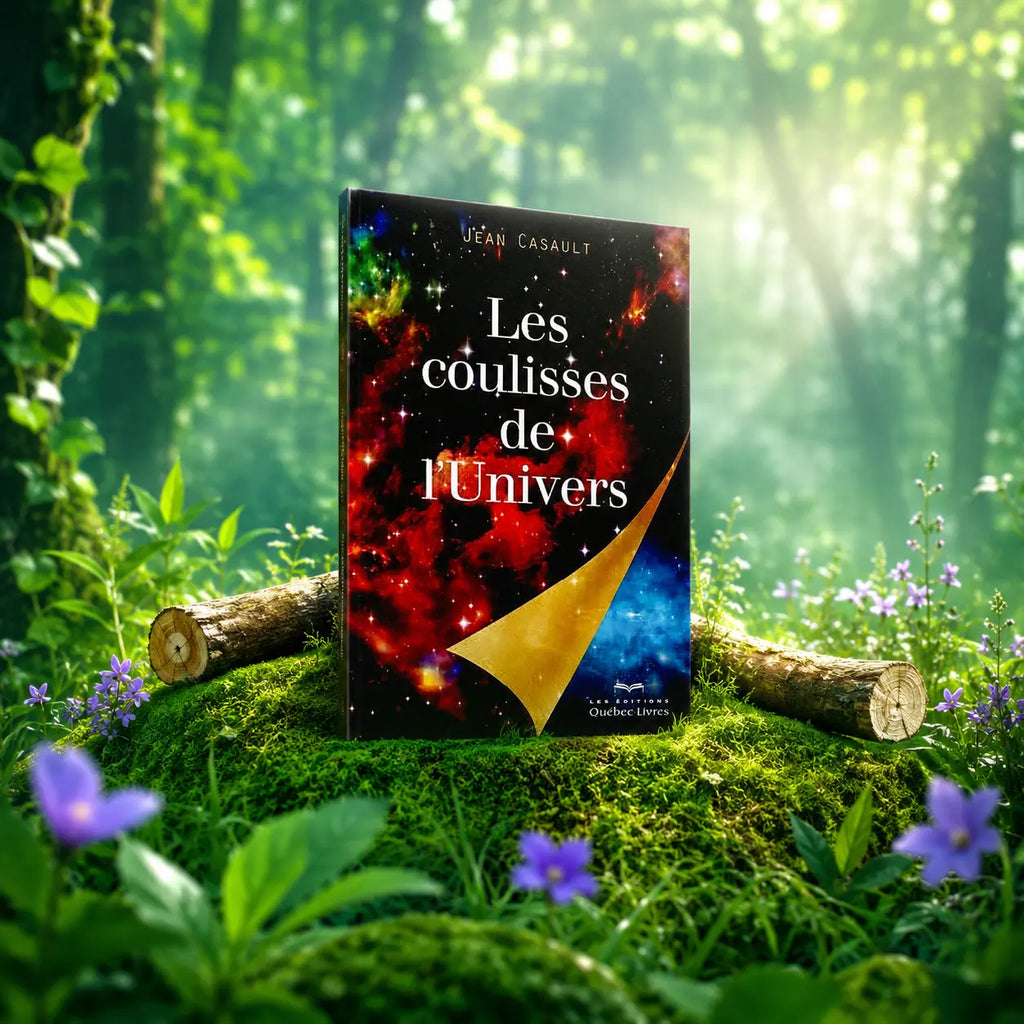 Livre Les Coulisses de l'Univers sur mousse sacrée au pied d'un arbre, entouré de fleurs violettes sous des rayons de soleil magiques.