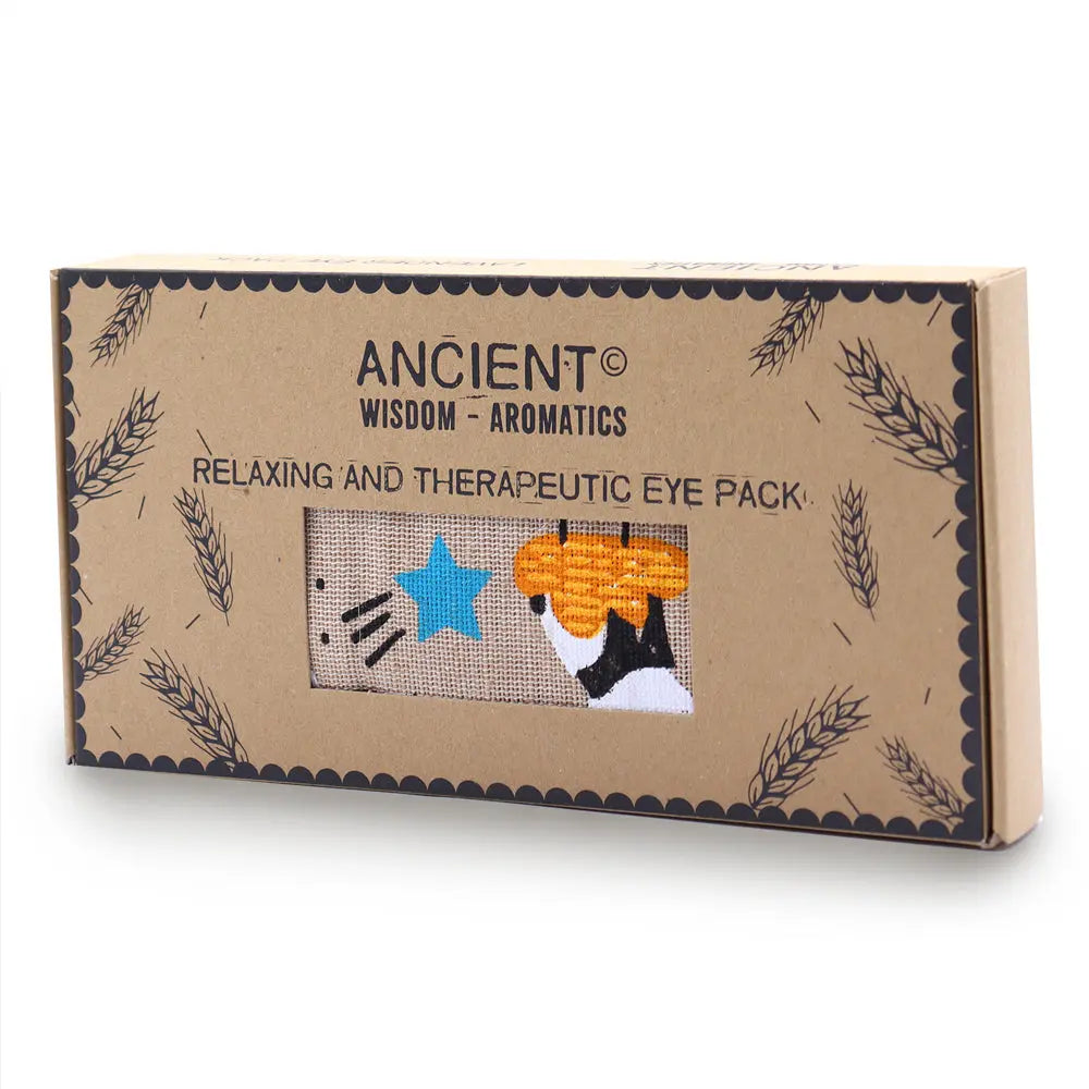 Boîte de masque de détente yeux panda avec fenêtre laissant apparaître le tissu en lin et une étoile bleue.
