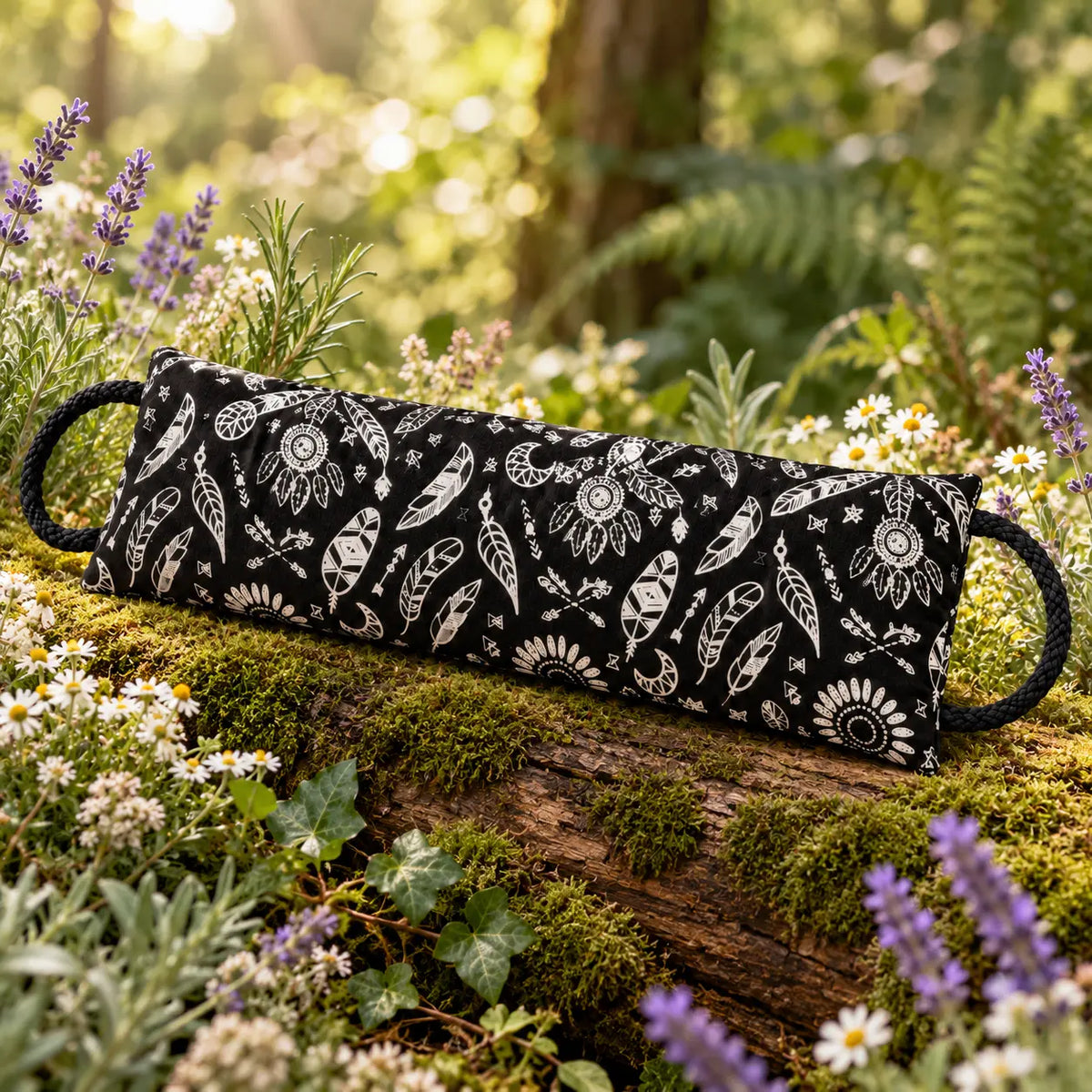 Coussin chauffant noir aux motifs attrape-rêves et plumes, posé sur un tronc moussé parmi fleurs et lavande en forêt.   