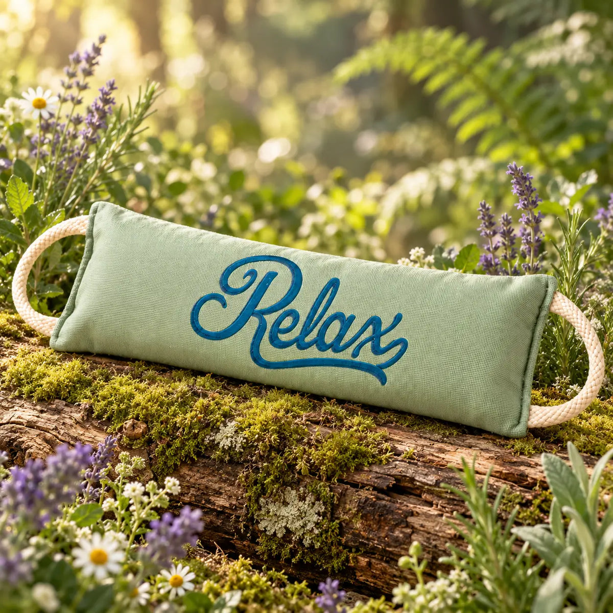 Coussin chauffant de relaxation vert sauge brodé « Relax » avec poignées en cordelette, posé sur un tronc d'arbre moussé entouré de lavande, camomille et fougères dans un jardin ensoleillé.