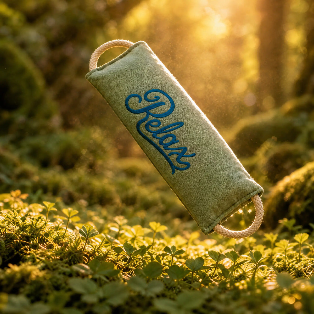 Un coussin de relaxation vert brodé « Relax », en lévitation au-dessus de la mousse en forêt.