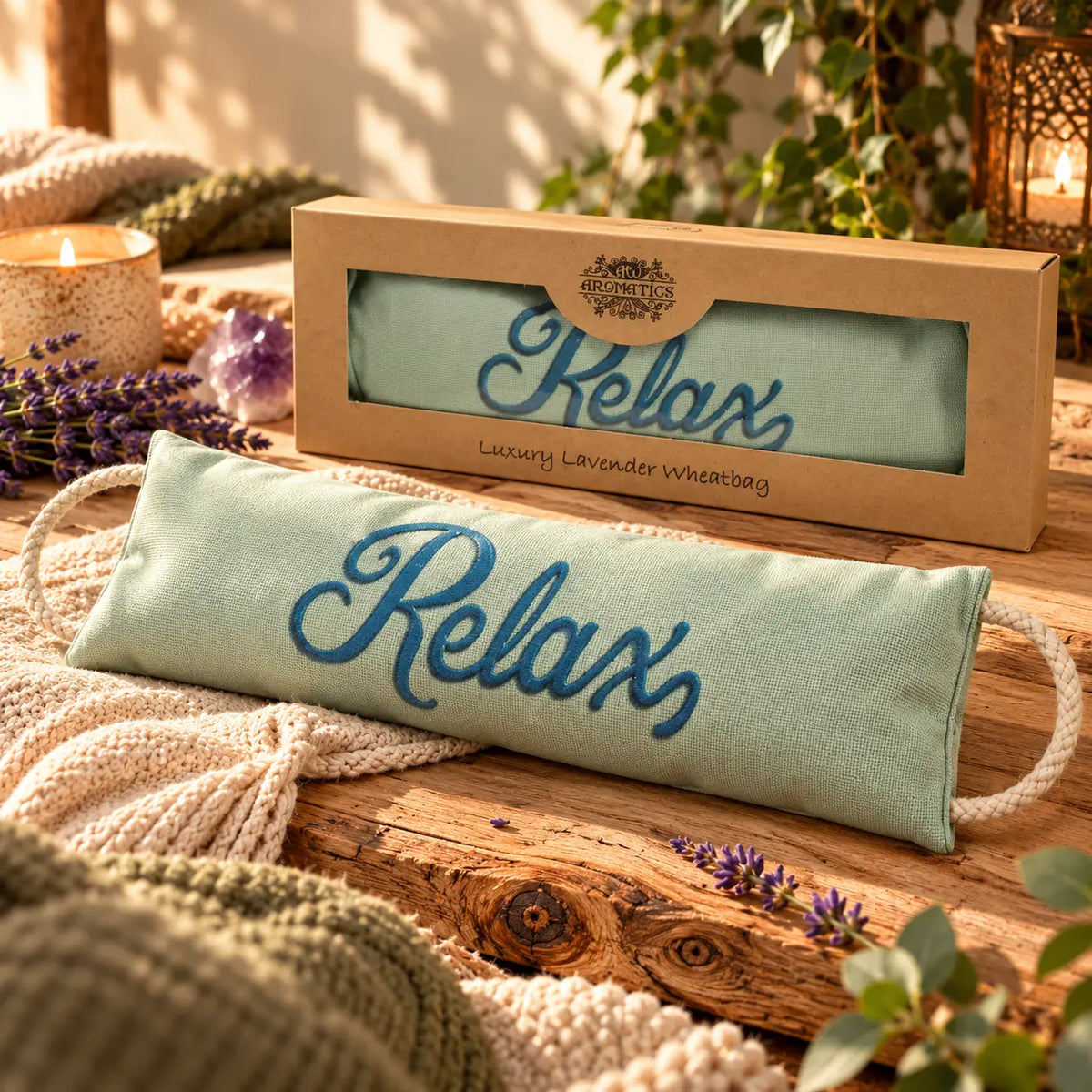 Coussin Détente Chauffant - Relax bleu ciel avec poignées en corde posé devant sa boîte kraft sur une table en bois.   