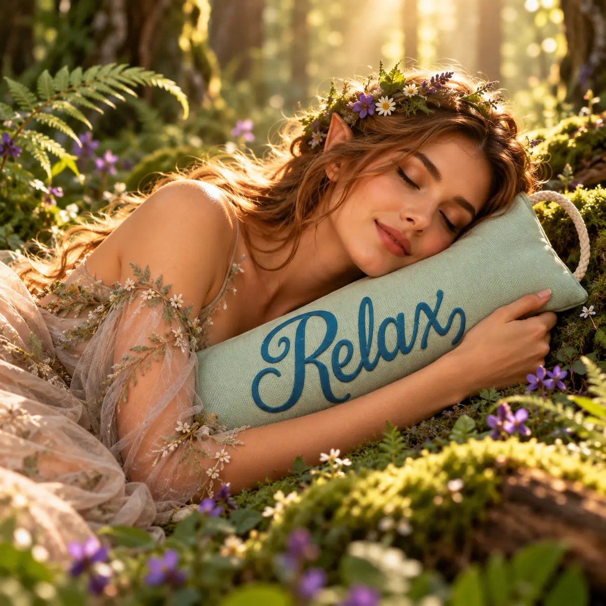 Une fée des bois endormie, la tête posée sur un coussin de relaxation vert brodé « Relax », en forêt.