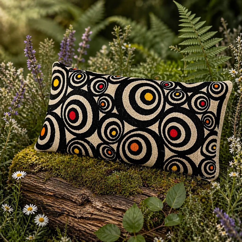 Petit coussin de repos pour les yeux avec un motif de cercles concentriques noirs et blancs parsemés de touches colorées, posé sur un tronc moussue en pleine nature.