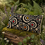 Petit coussin de repos pour les yeux avec un motif de cercles concentriques noirs et blancs parsemés de touches colorées, posé sur un tronc moussue en pleine nature.