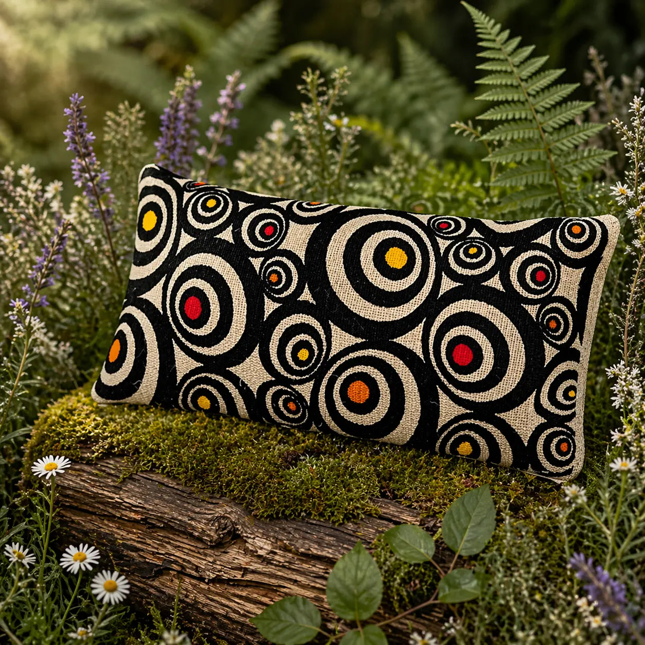 Petit coussin de repos pour les yeux avec un motif de cercles concentriques noirs et blancs parsemés de touches colorées, posé sur un tronc moussue en pleine nature.