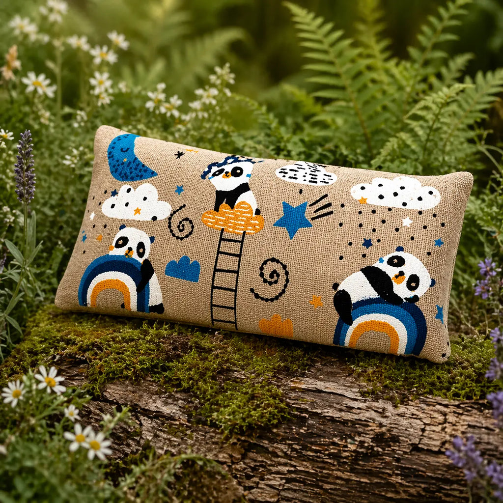 Petit coussin de relaxation pour les yeux au motif de panda sur une échelle et arcs-en-ciel, posé sur une écorce d'arbre entourée de lavande et de petites fleurs blanches.