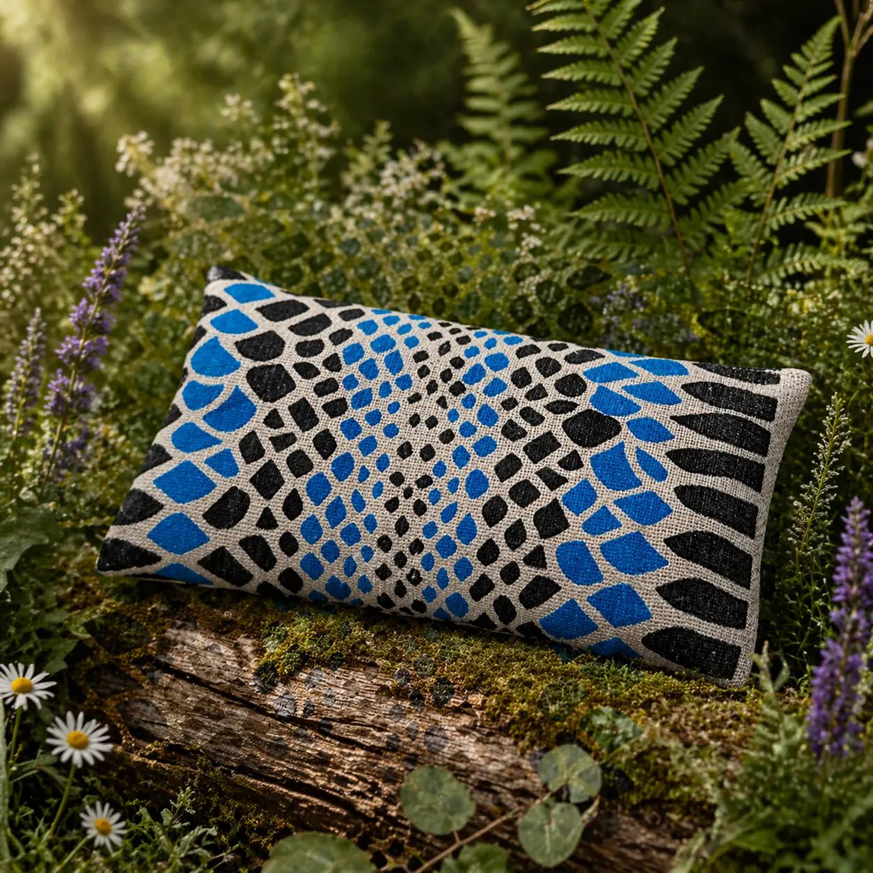 Petit coussin de relaxation rectangulaire pour les yeux avec un motif graphique d'écailles de serpent bleues et noires, posé sur un tronc d'arbre dans un sous-bois verdoyant.