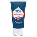 Tube de crème apaisante bio « DEVA Assistance – 1er Secours », aux fleurs de Bach, packaging bleu et rouge.