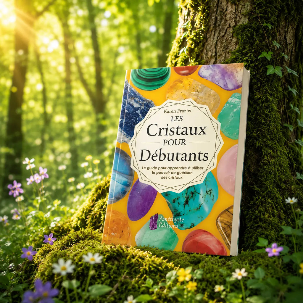 Livre Les Cristaux pour Débutants sur mousse sacrée au pied d'un arbre, entouré de fleurs violettes sous des rayons de soleil magiques.