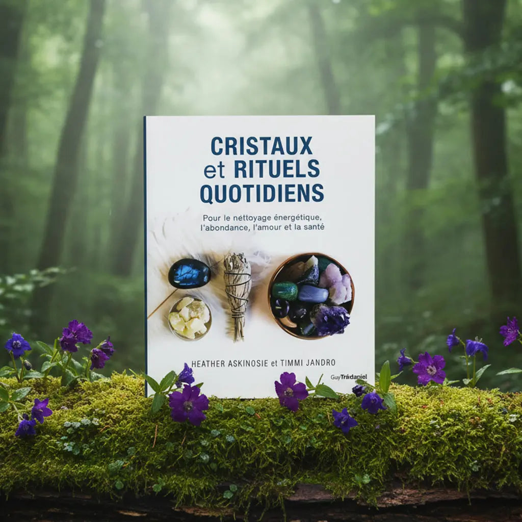 Livre blanc Cristaux et Rituels Quotidiens de Heather Askinosie et Timmi Jandro posé sur une souche moussue, illustré d'un bâton de sauge, d'une labradorite et d'un bol rempli de pierres.
