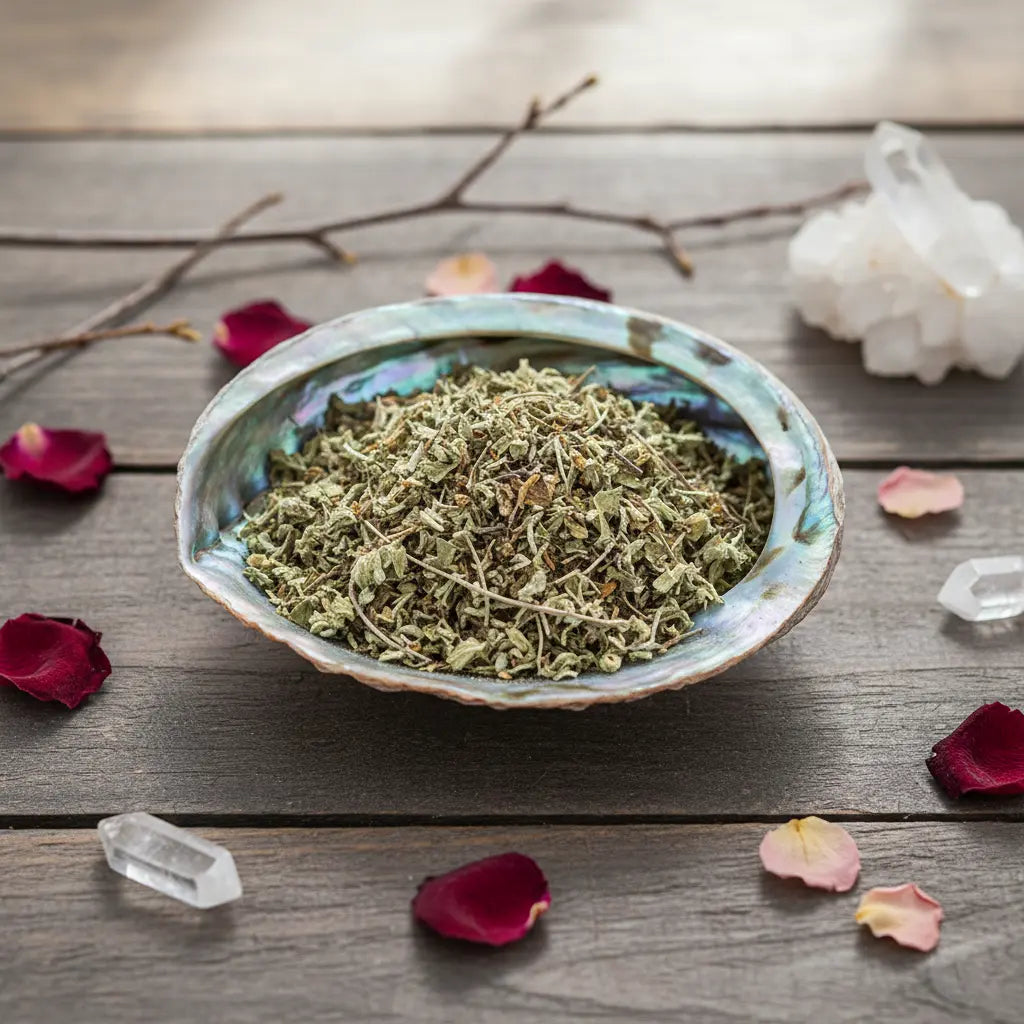 Coupelle en nacre remplie de feuilles de damiana séchées vert pâle sur table en bois décorée de cristaux et pétales de rose.