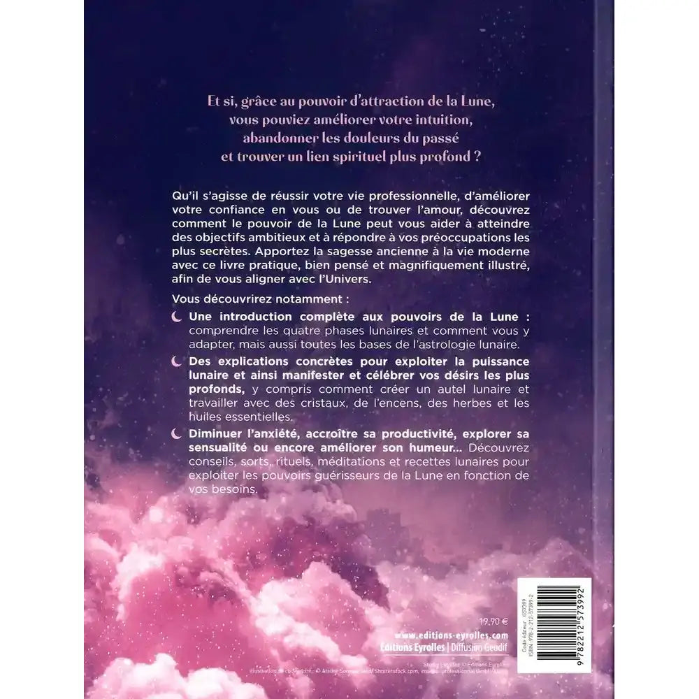 Quatrième de couverture du livre Découvrir les pouvoirs guérisseurs de la Lune avec résumé et points clés sur fond rose.